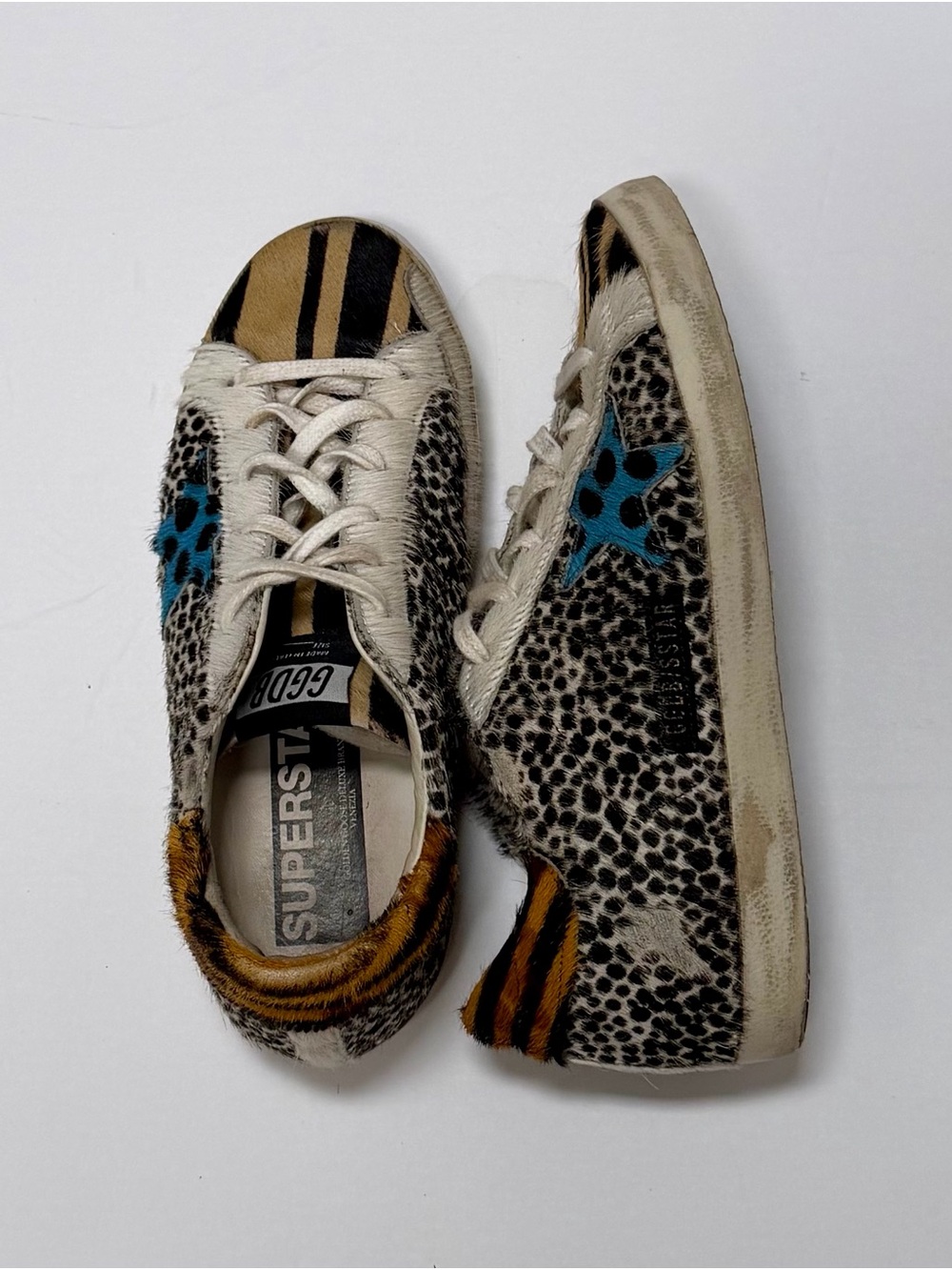 Golden Goose Leopard Haircalf Sneakers with Turquoise Star and Striped Accents